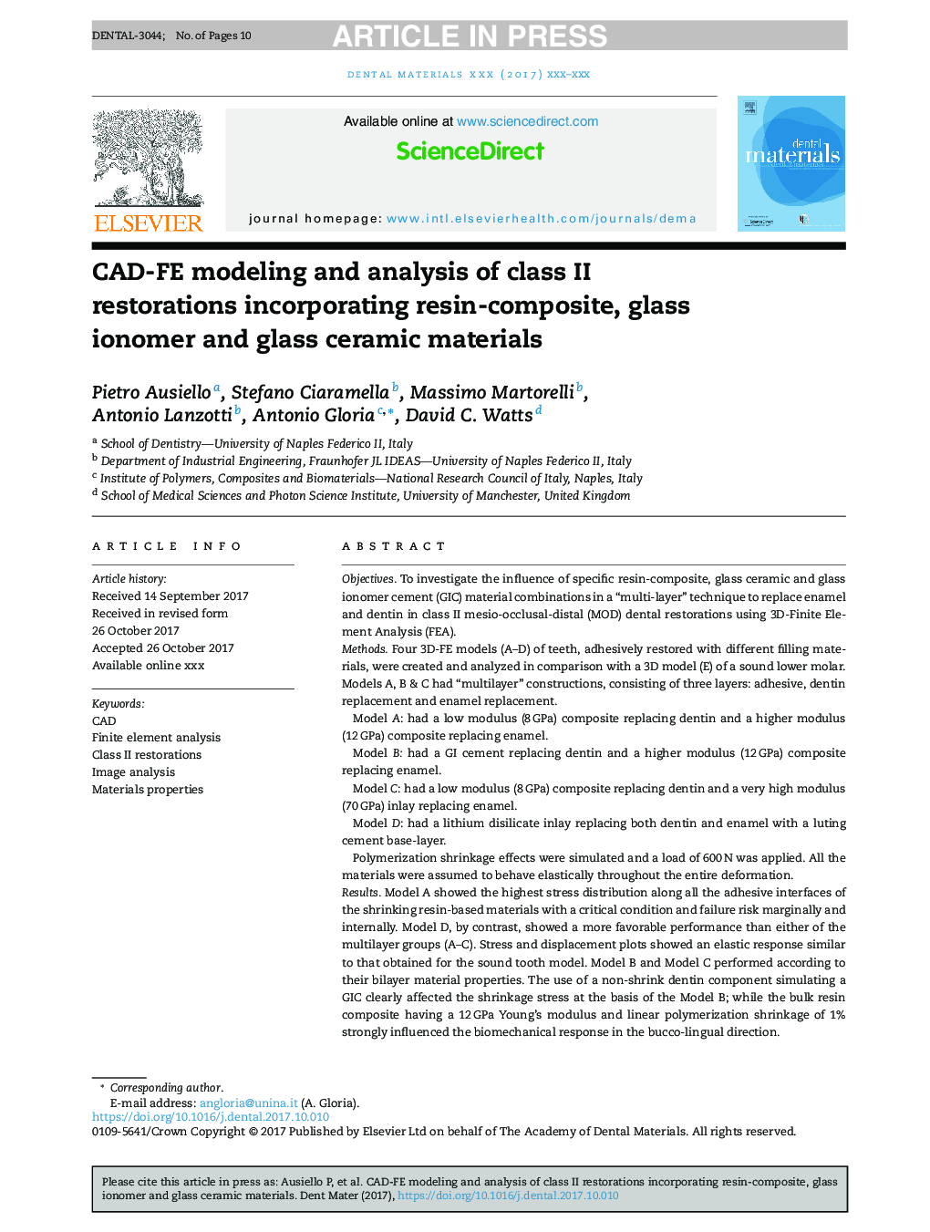 CAD-FE modeling and analysis of class II restorations incorporating resin-composite, glass ionomer and glass ceramic materials