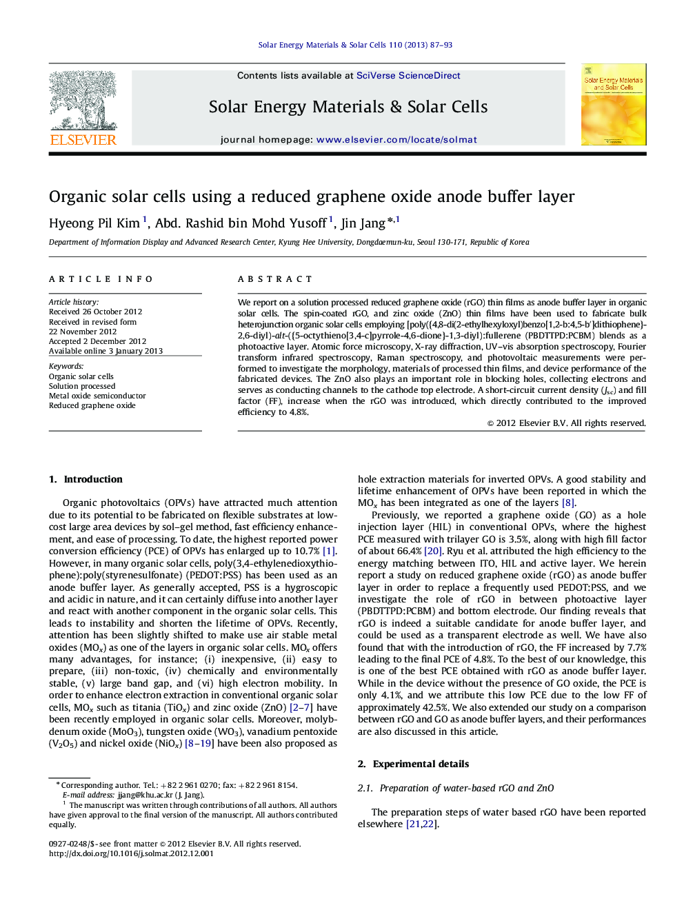 Organic solar cells using a reduced graphene oxide anode buffer layer