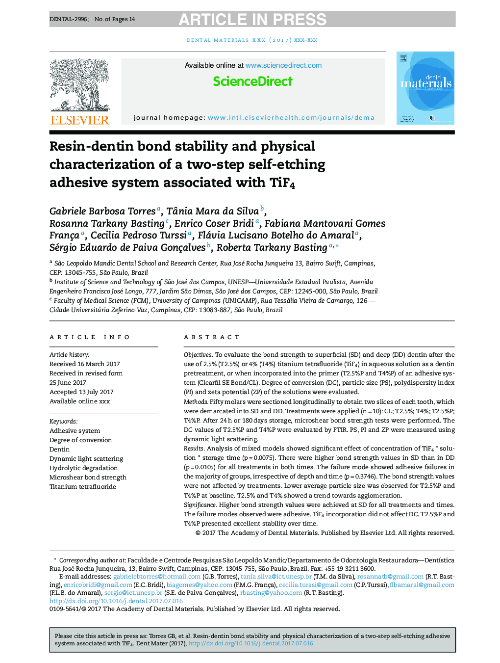 Resin-dentin bond stability and physical characterization of a two-step self-etching adhesive system associated with TiF4