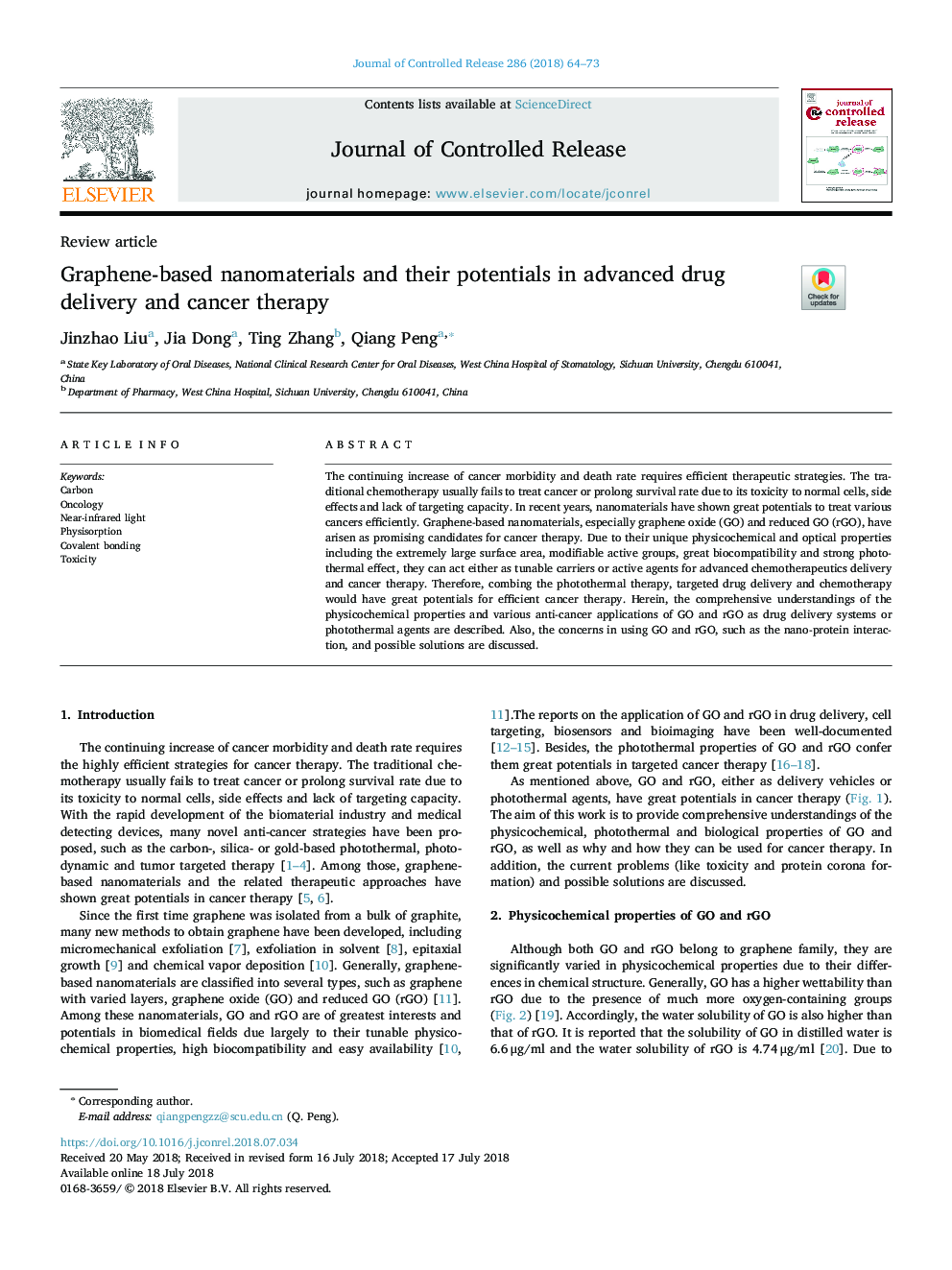 Graphene-based nanomaterials and their potentials in advanced drug delivery and cancer therapy