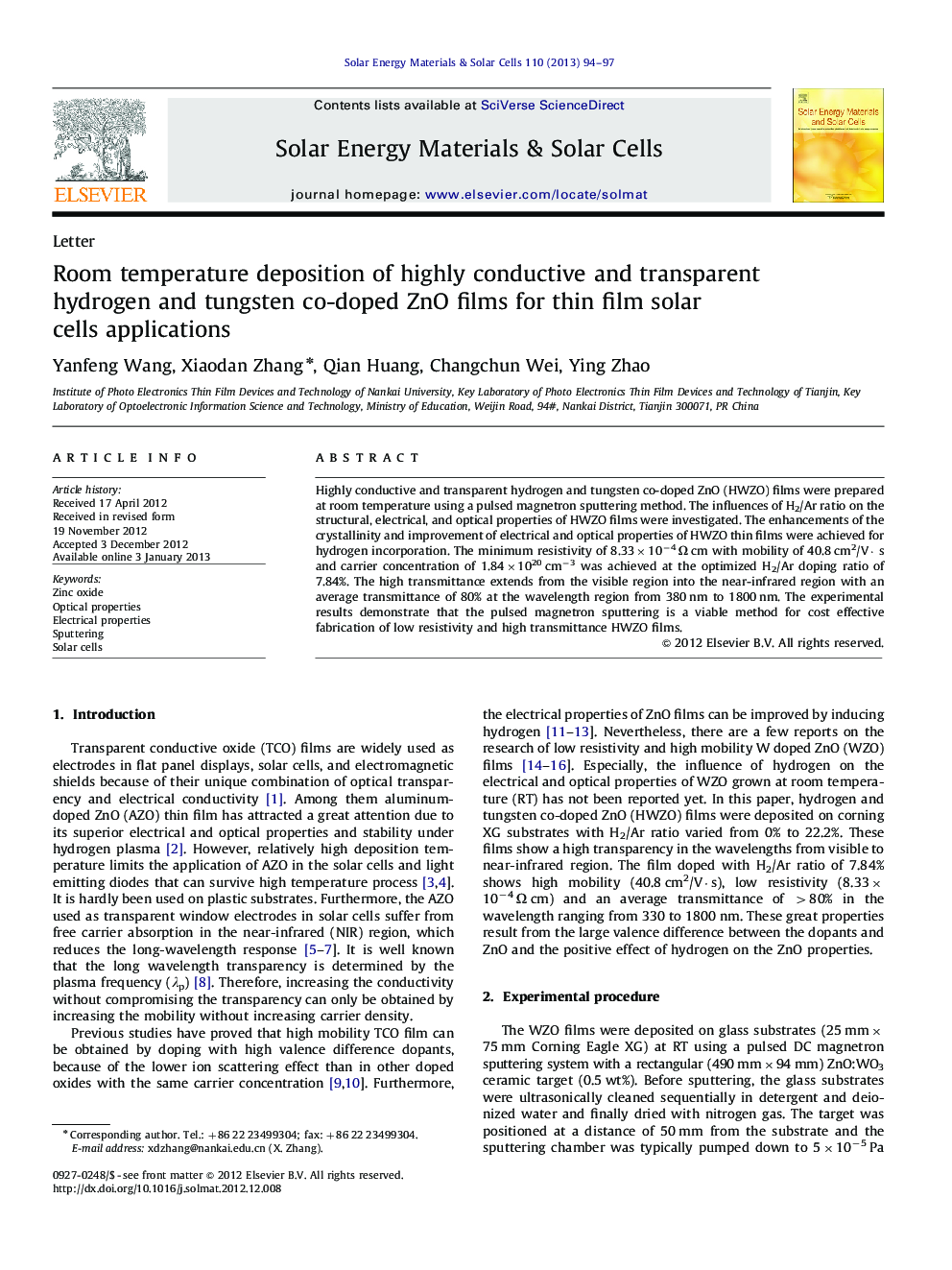 Room temperature deposition of highly conductive and transparent hydrogen and tungsten co-doped ZnO films for thin film solar cells applications