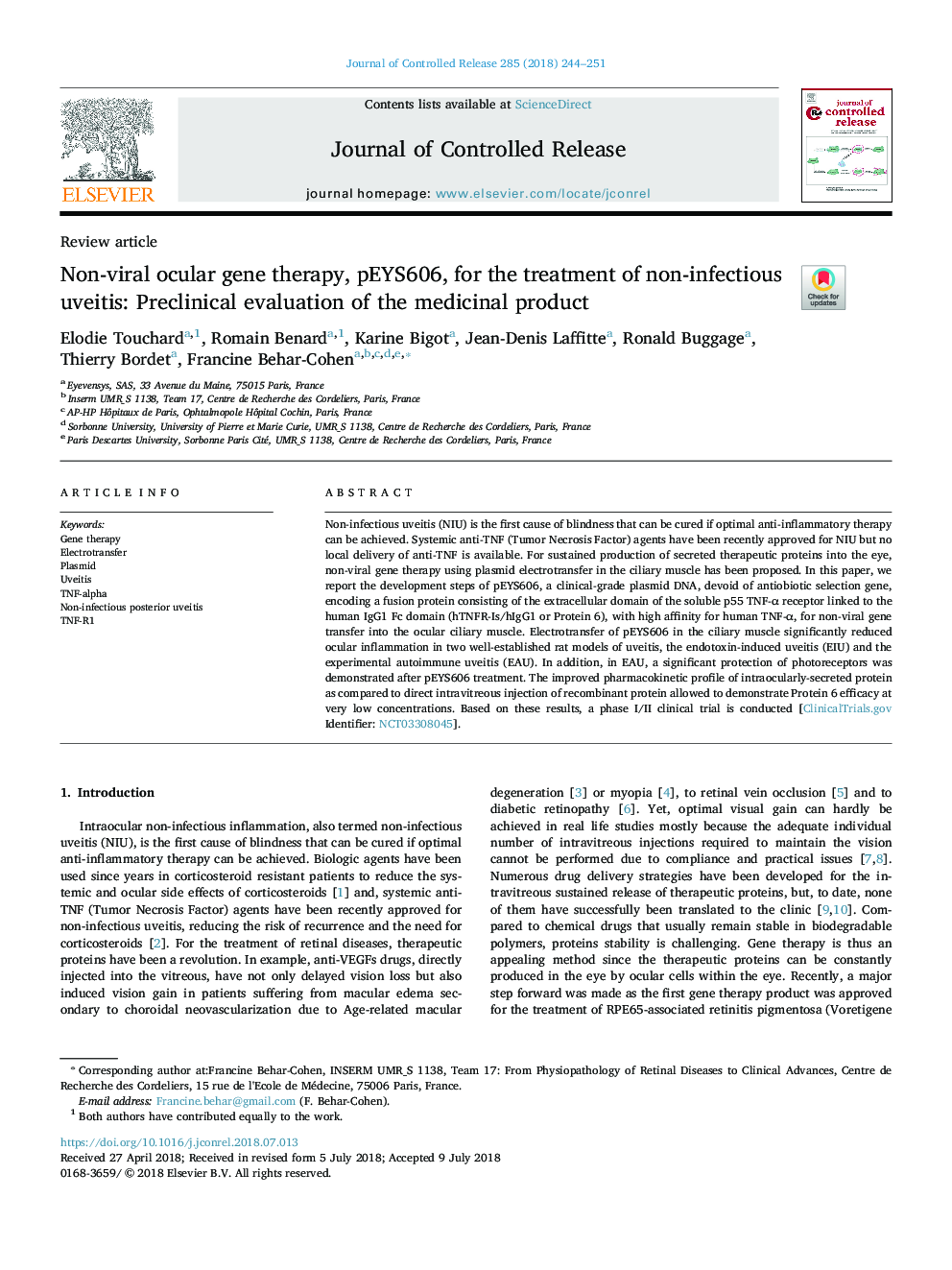 Non-viral ocular gene therapy, pEYS606, for the treatment of non-infectious uveitis: Preclinical evaluation of the medicinal product