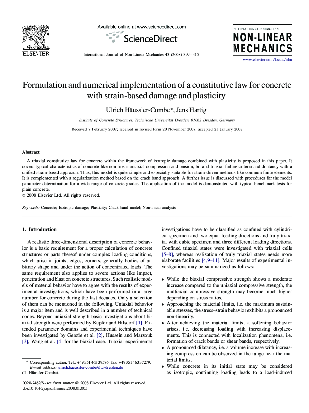 Formulation and numerical implementation of a constitutive law for concrete with strain-based damage and plasticity