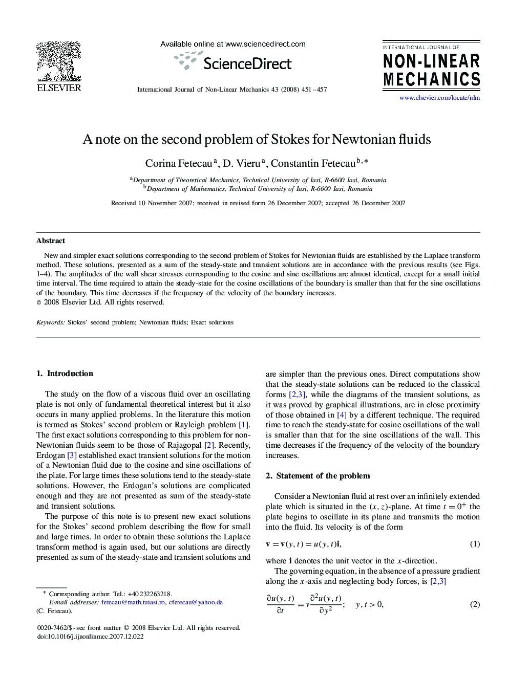 A note on the second problem of Stokes for Newtonian fluids