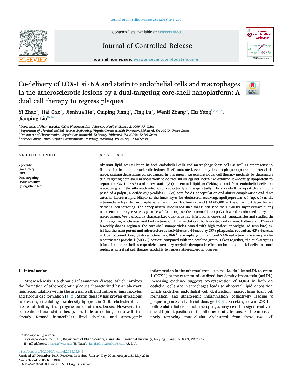 Co-delivery of LOX-1 siRNA and statin to endothelial cells and macrophages in the atherosclerotic lesions by a dual-targeting core-shell nanoplatform: A dual cell therapy to regress plaques