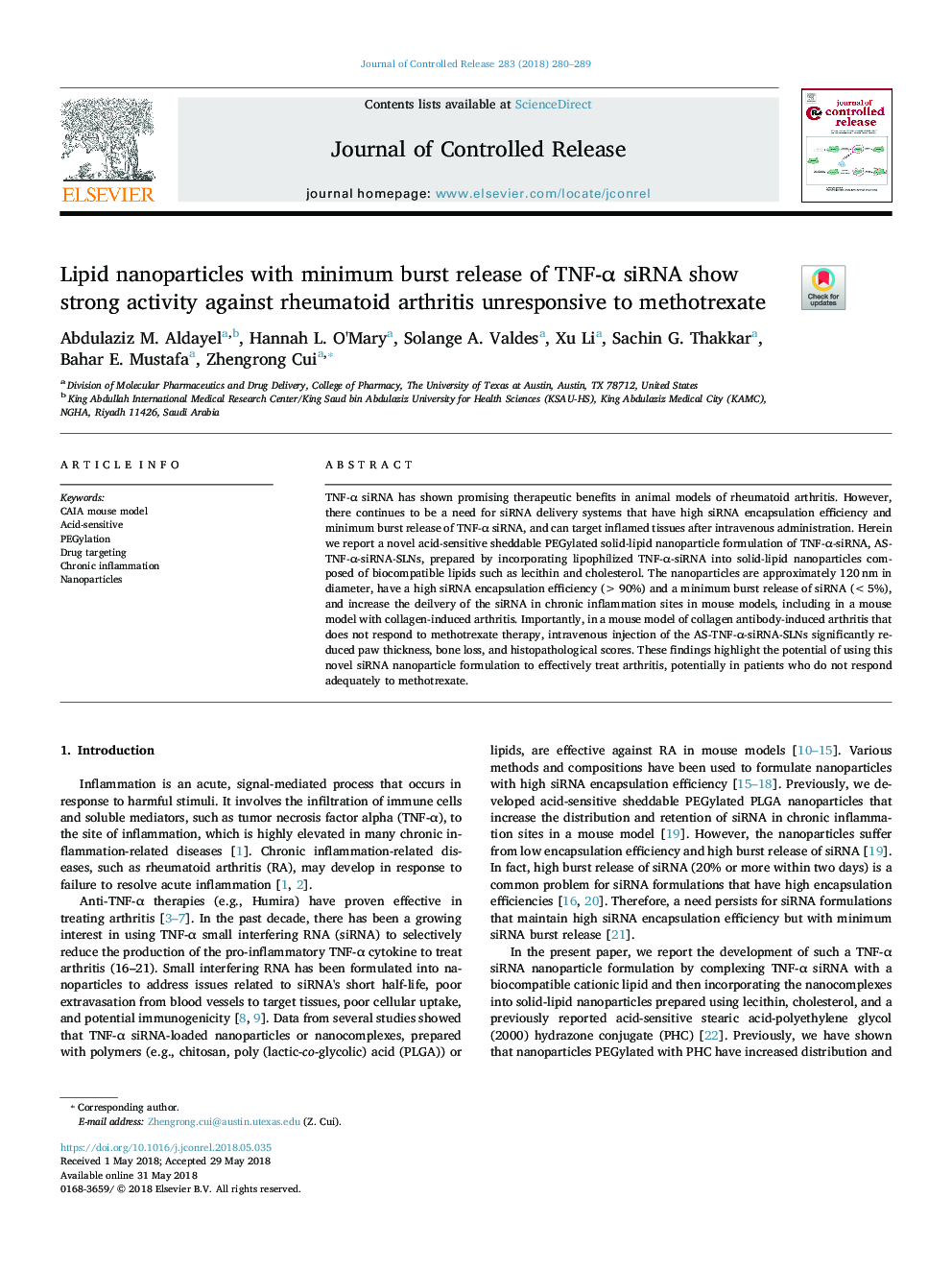 Lipid nanoparticles with minimum burst release of TNF-Î± siRNA show strong activity against rheumatoid arthritis unresponsive to methotrexate