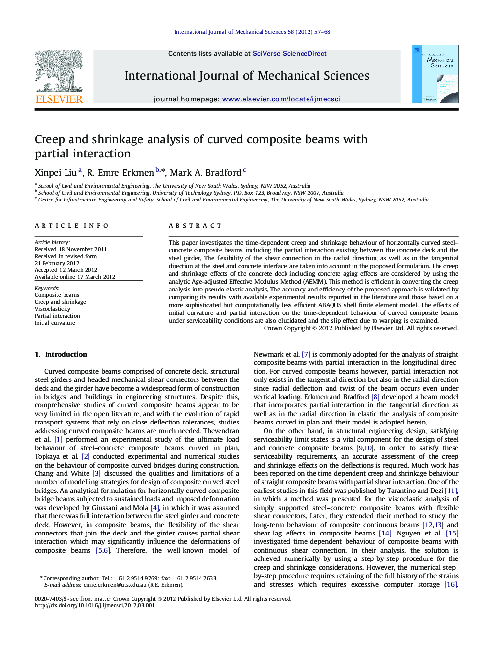 Creep and shrinkage analysis of curved composite beams with partial interaction