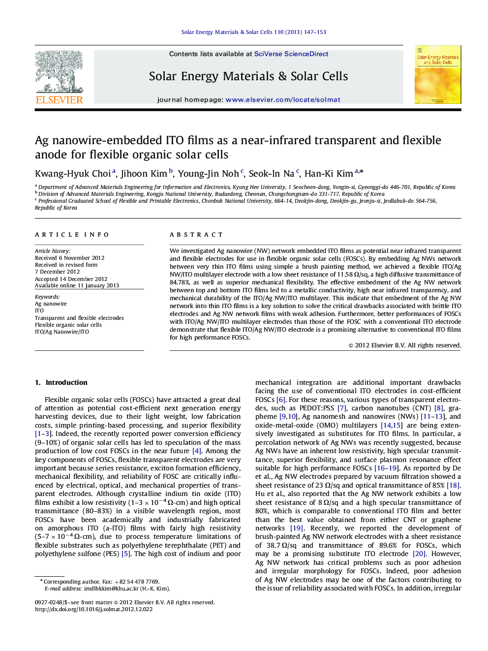 Ag nanowire-embedded ITO films as a near-infrared transparent and flexible anode for flexible organic solar cells