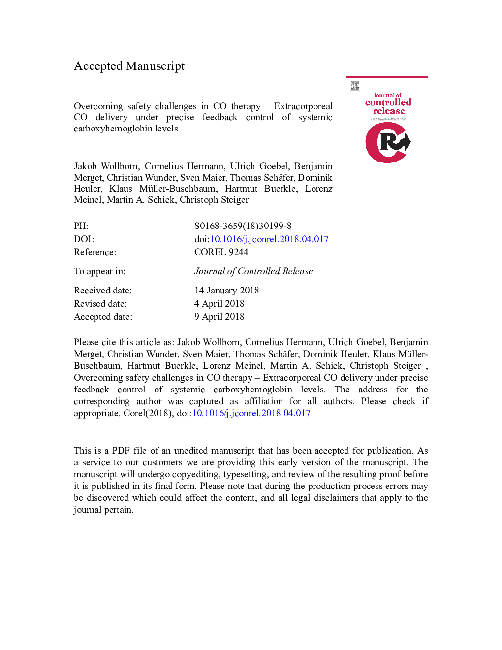 Overcoming safety challenges in CO therapy - Extracorporeal CO delivery under precise feedback control of systemic carboxyhemoglobin levels