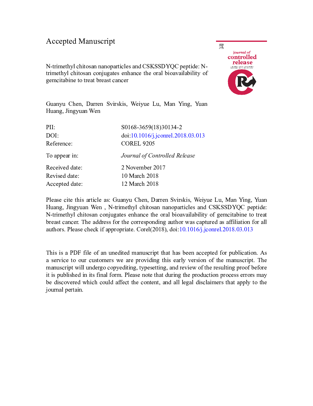 N-trimethyl chitosan nanoparticles and CSKSSDYQC peptide: N-trimethyl chitosan conjugates enhance the oral bioavailability of gemcitabine to treat breast cancer