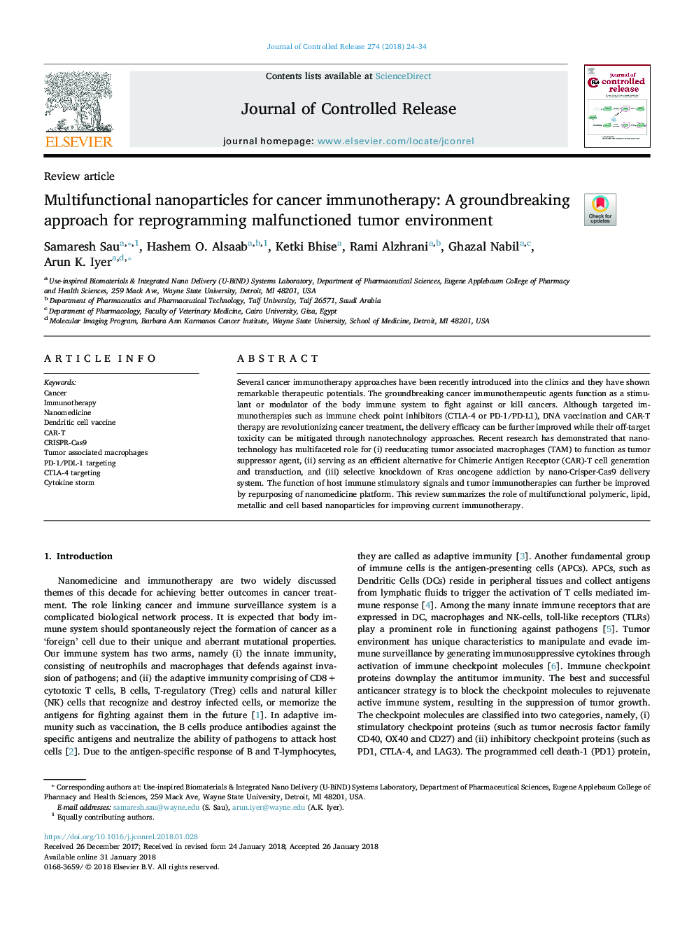 Multifunctional nanoparticles for cancer immunotherapy: A groundbreaking approach for reprogramming malfunctioned tumor environment