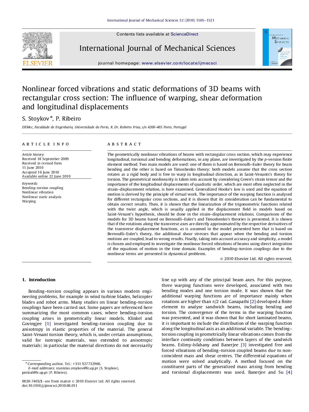 Nonlinear forced vibrations and static deformations of 3D beams with rectangular cross section: The influence of warping, shear deformation and longitudinal displacements