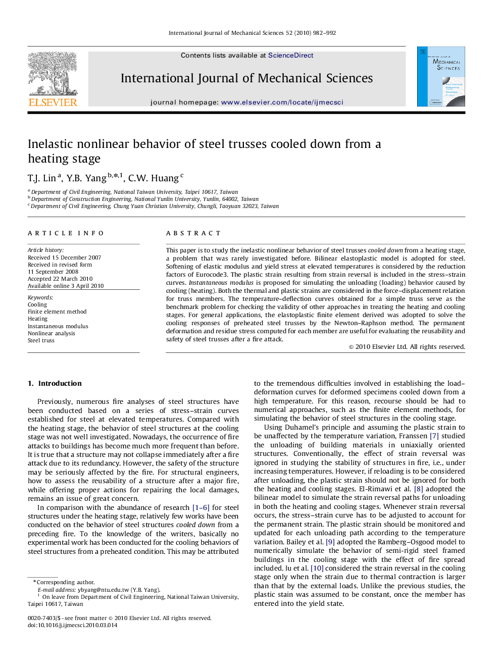 Inelastic nonlinear behavior of steel trusses cooled down from a heating stage