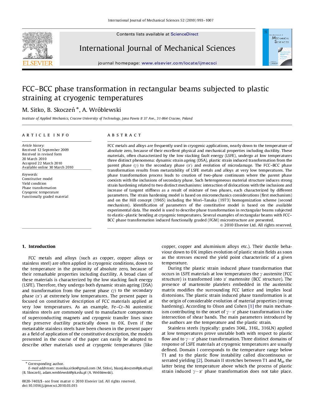 FCC–BCC phase transformation in rectangular beams subjected to plastic straining at cryogenic temperatures