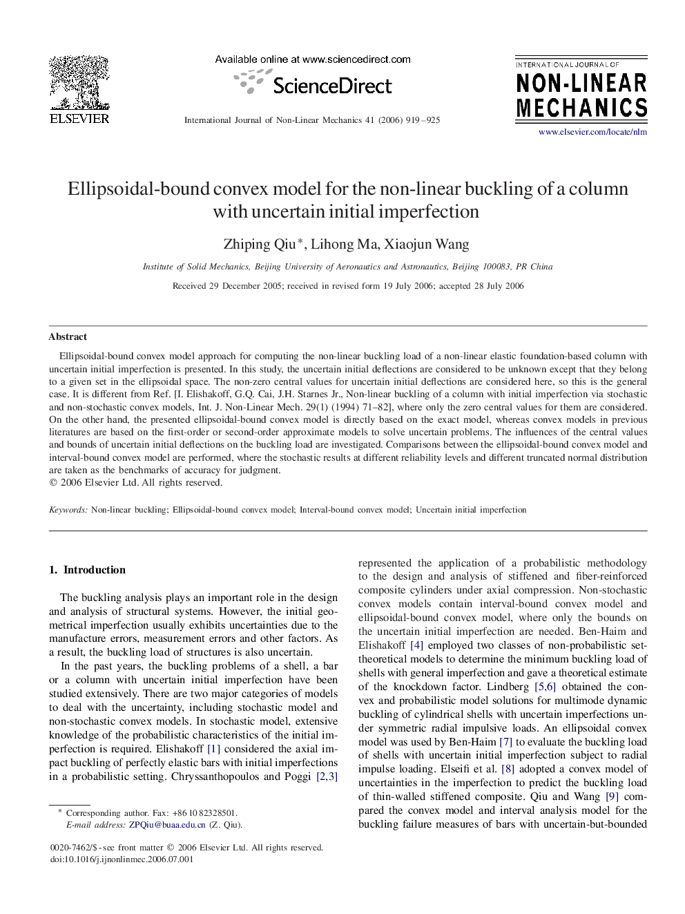 Ellipsoidal-bound convex model for the non-linear buckling of a column with uncertain initial imperfection