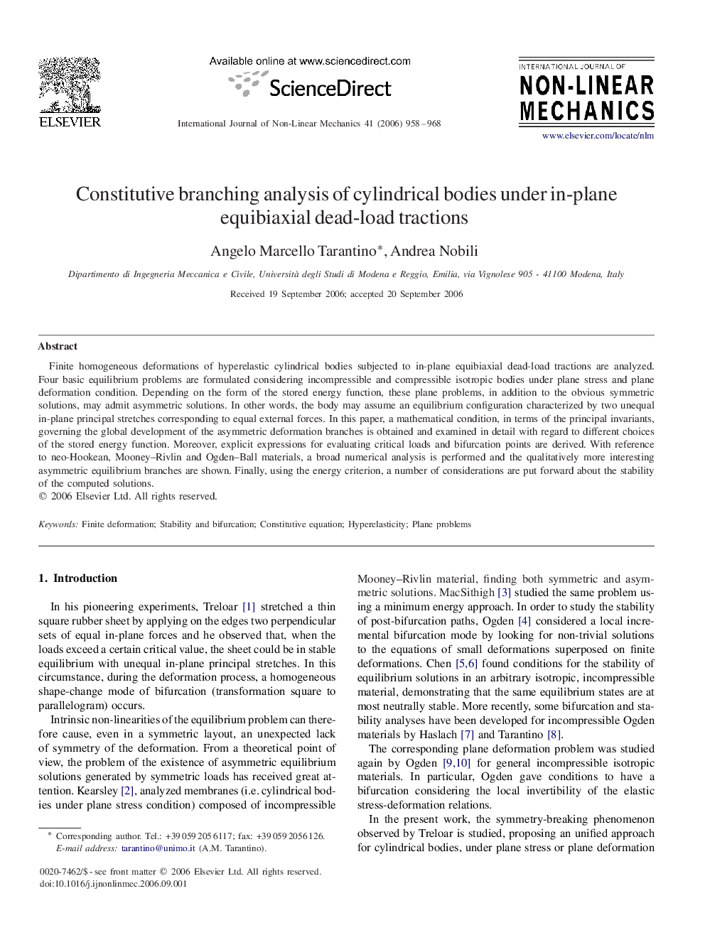 Constitutive branching analysis of cylindrical bodies under in-plane equibiaxial dead-load tractions