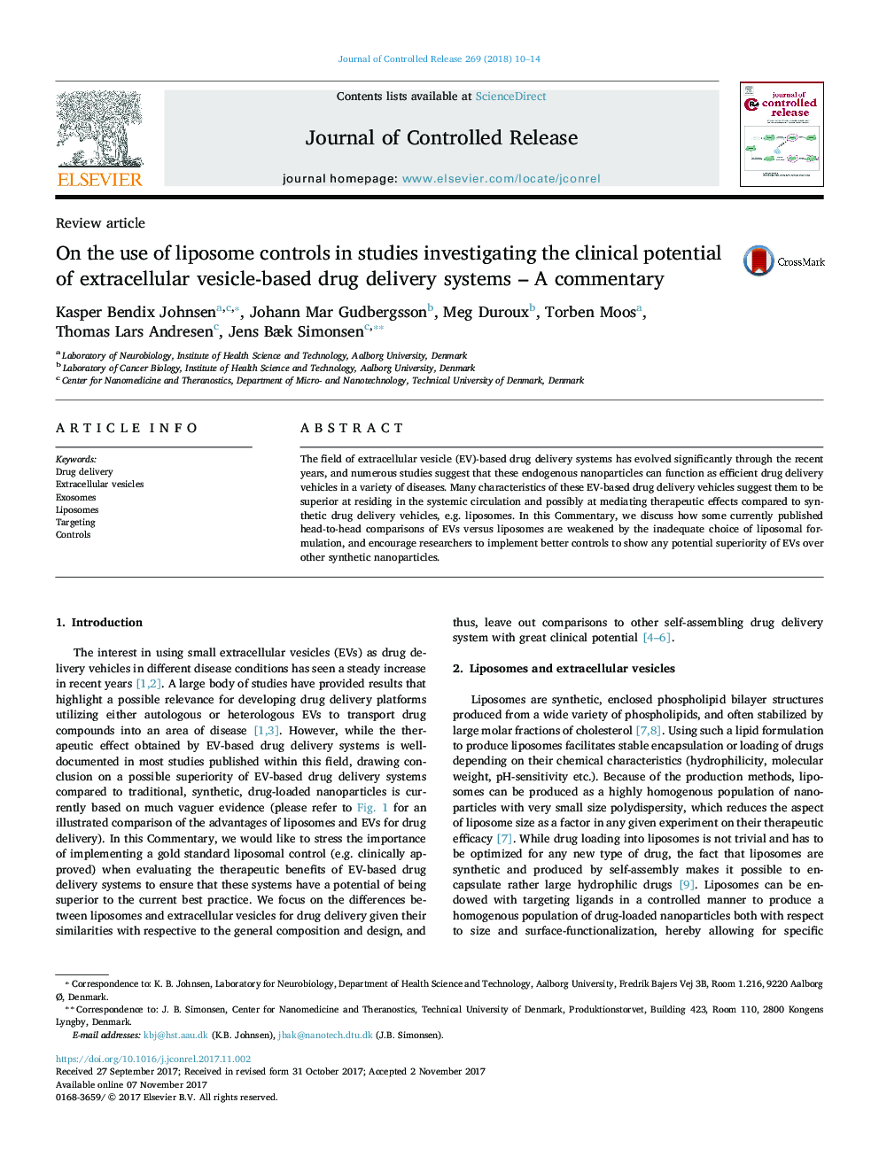 On the use of liposome controls in studies investigating the clinical potential of extracellular vesicle-based drug delivery systems - A commentary