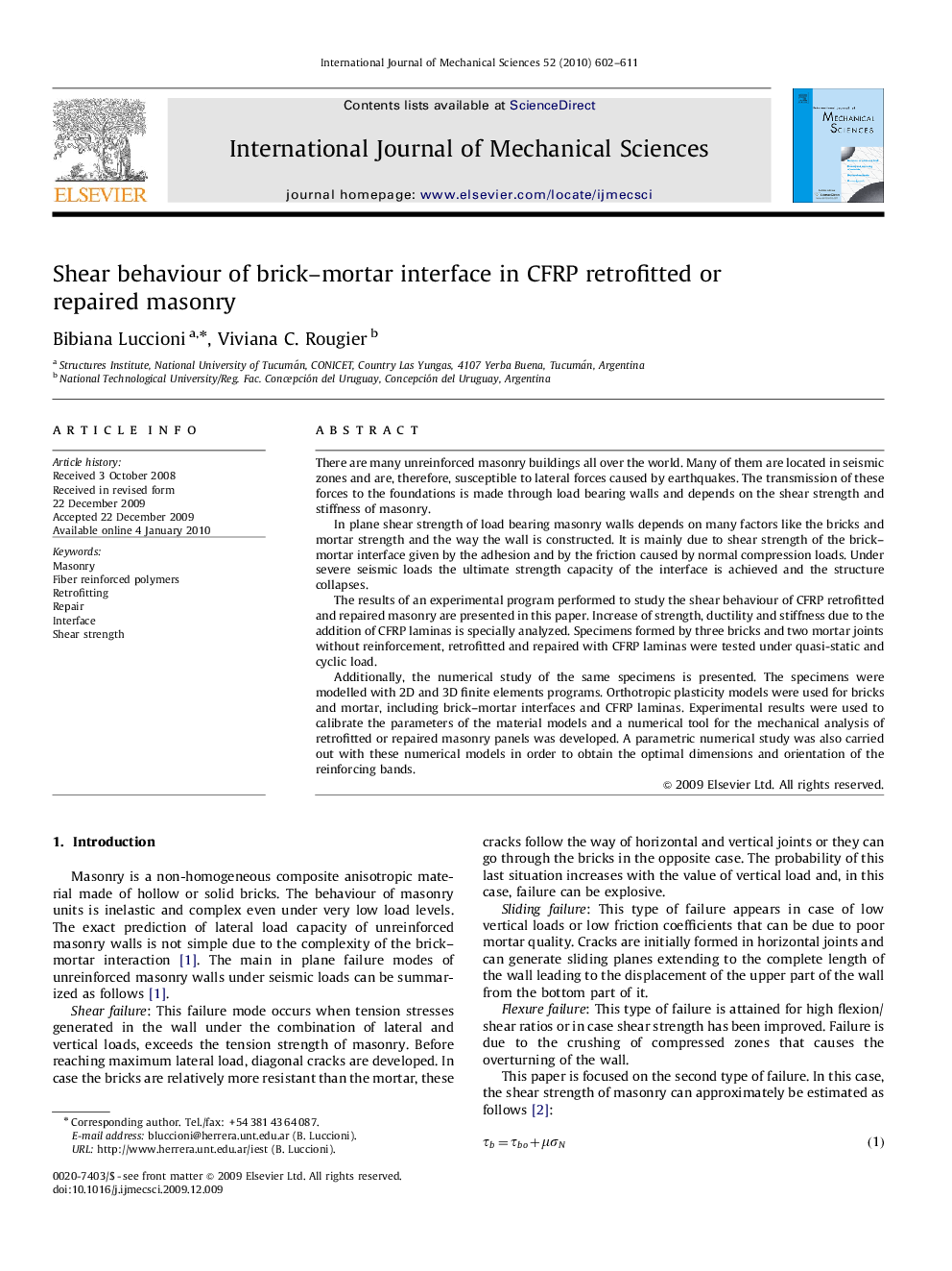 Shear behaviour of brick–mortar interface in CFRP retrofitted or repaired masonry