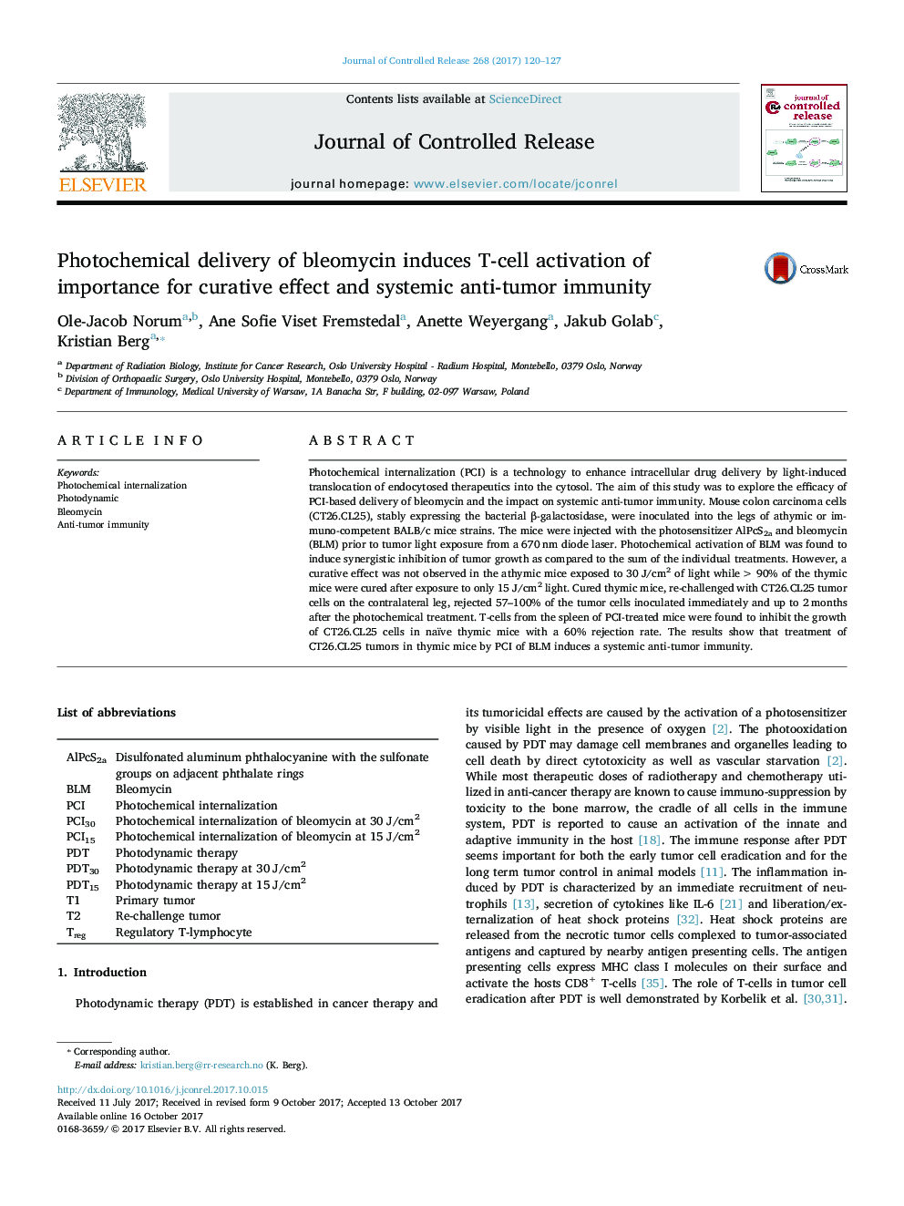 Photochemical delivery of bleomycin induces T-cell activation of importance for curative effect and systemic anti-tumor immunity