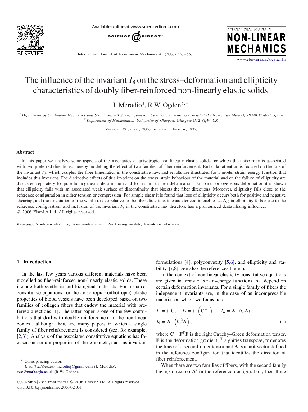 The influence of the invariant I8I8 on the stress–deformation and ellipticity characteristics of doubly fiber-reinforced non-linearly elastic solids