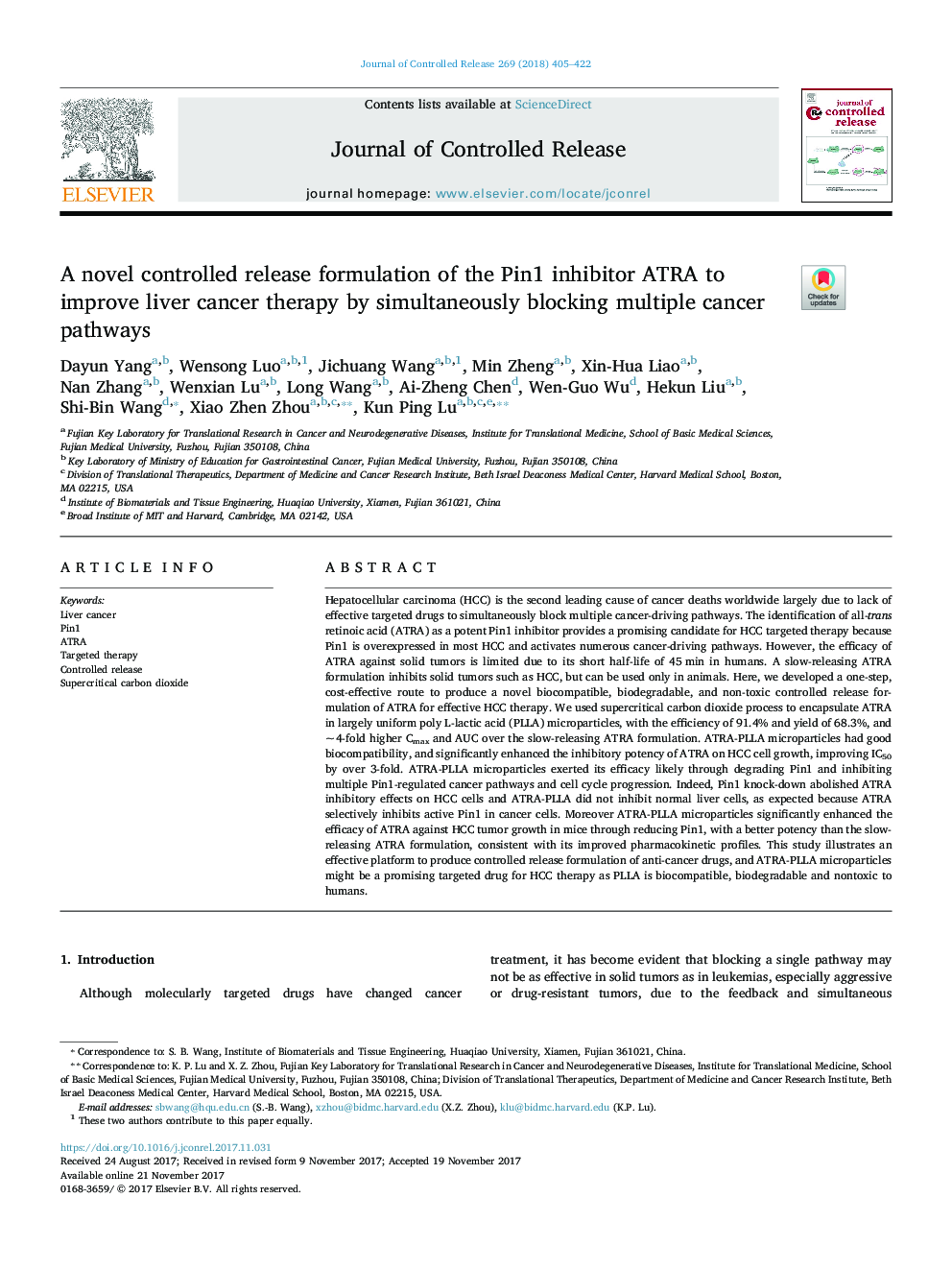 A novel controlled release formulation of the Pin1 inhibitor ATRA to improve liver cancer therapy by simultaneously blocking multiple cancer pathways