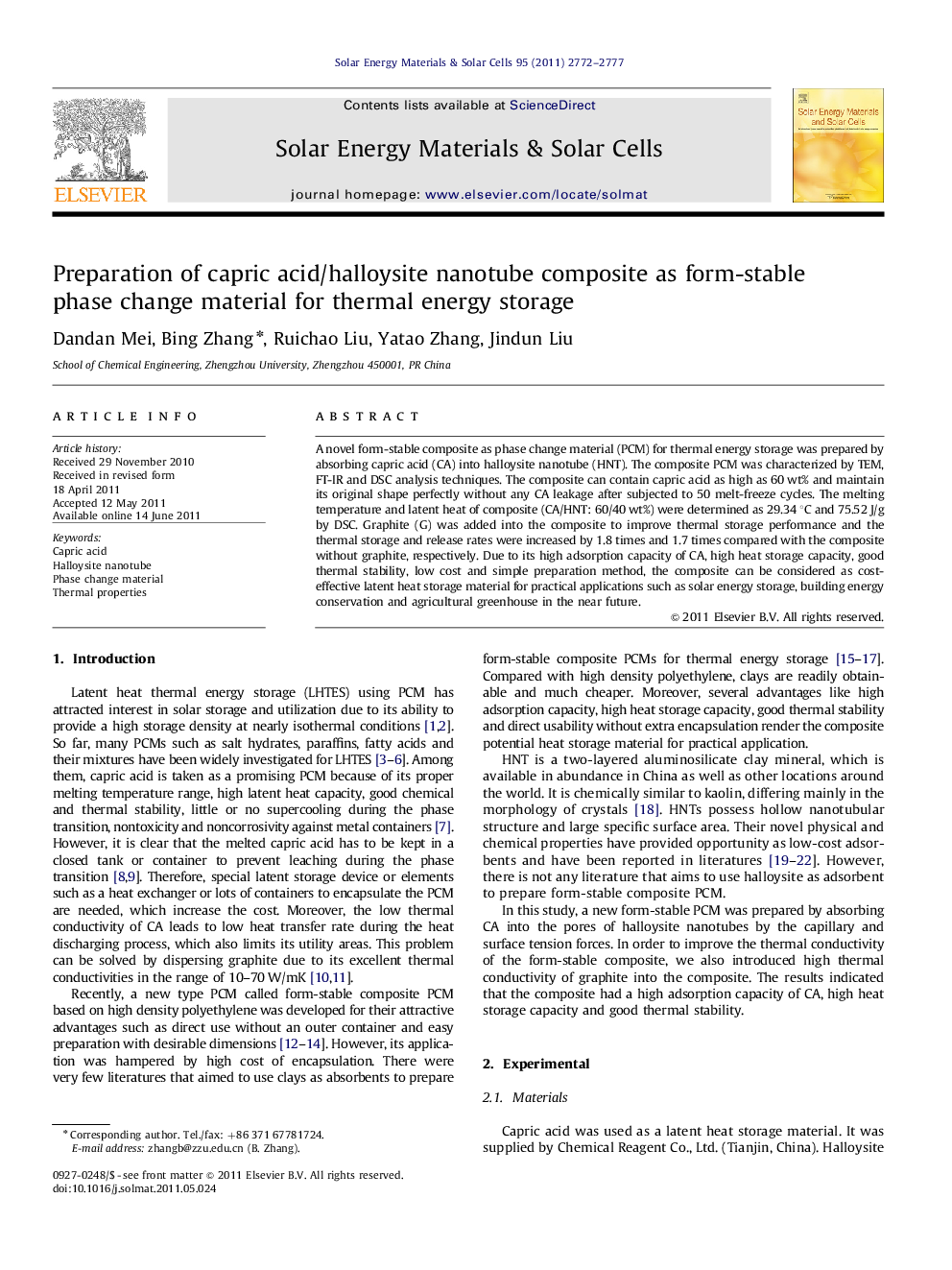 Preparation of capric acid/halloysite nanotube composite as form-stable phase change material for thermal energy storage