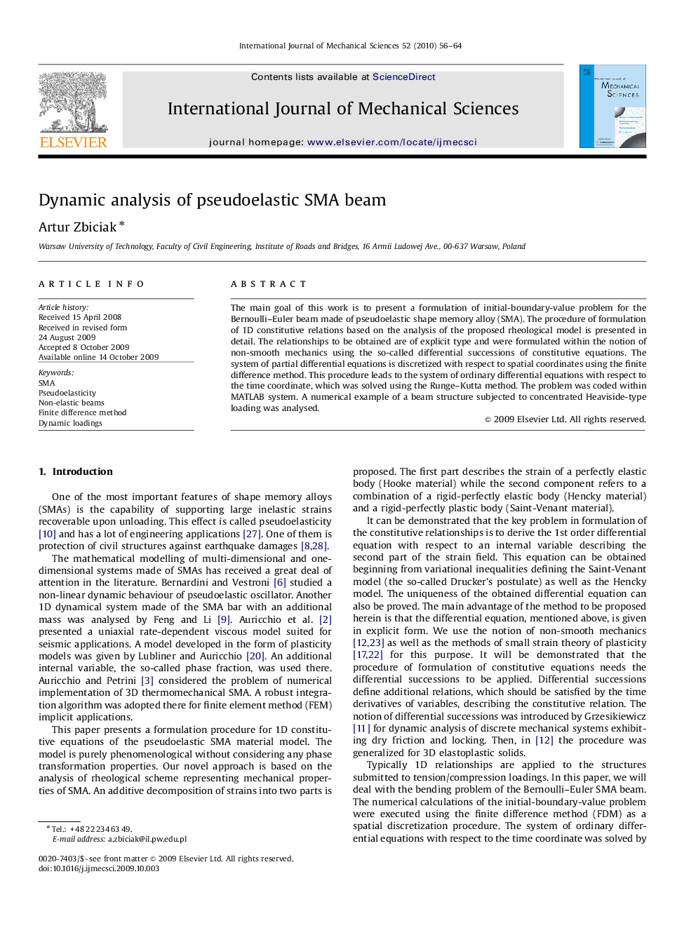 Dynamic analysis of pseudoelastic SMA beam