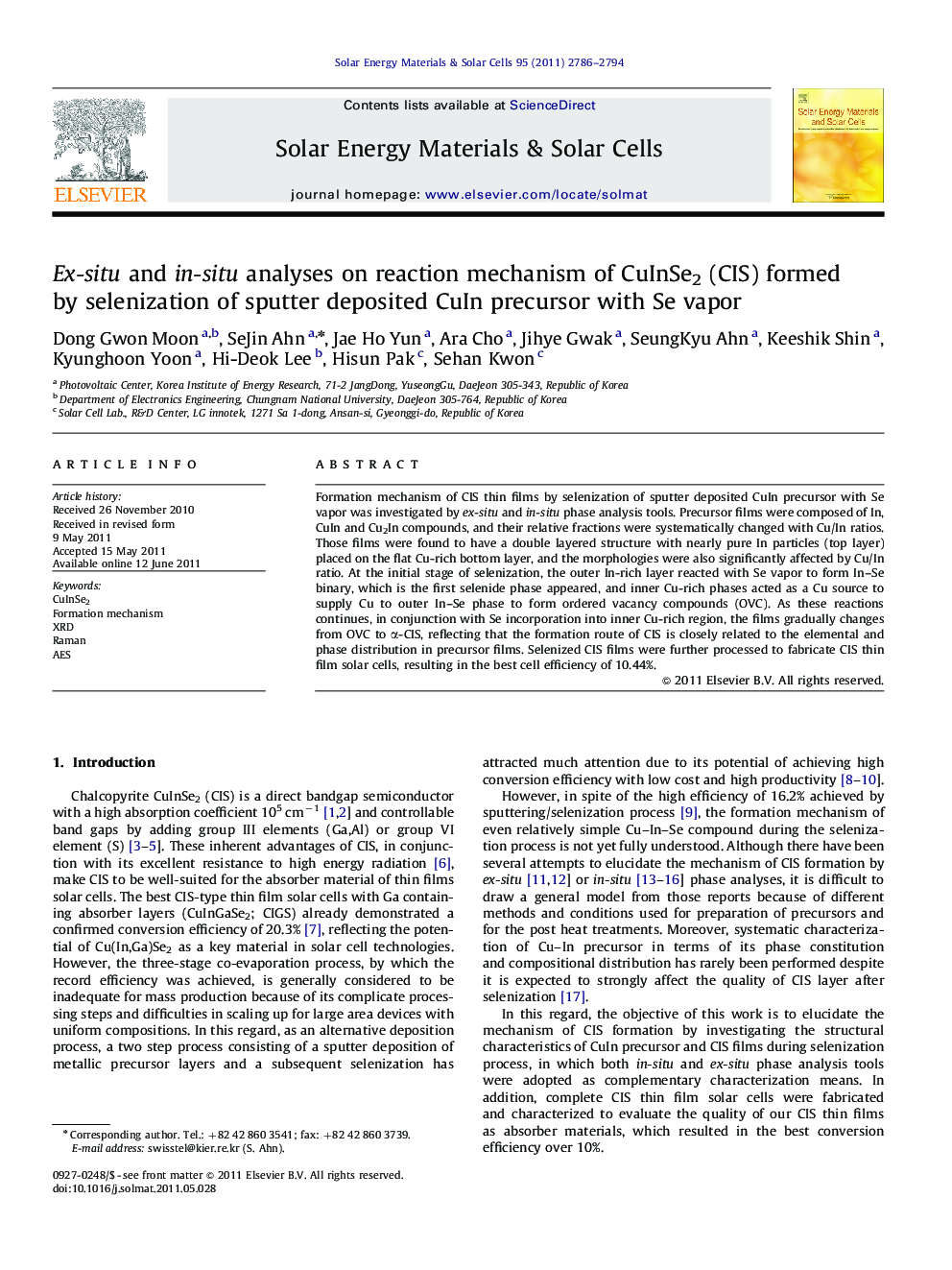 Ex-situ and in-situ analyses on reaction mechanism of CuInSe2 (CIS) formed by selenization of sputter deposited CuIn precursor with Se vapor