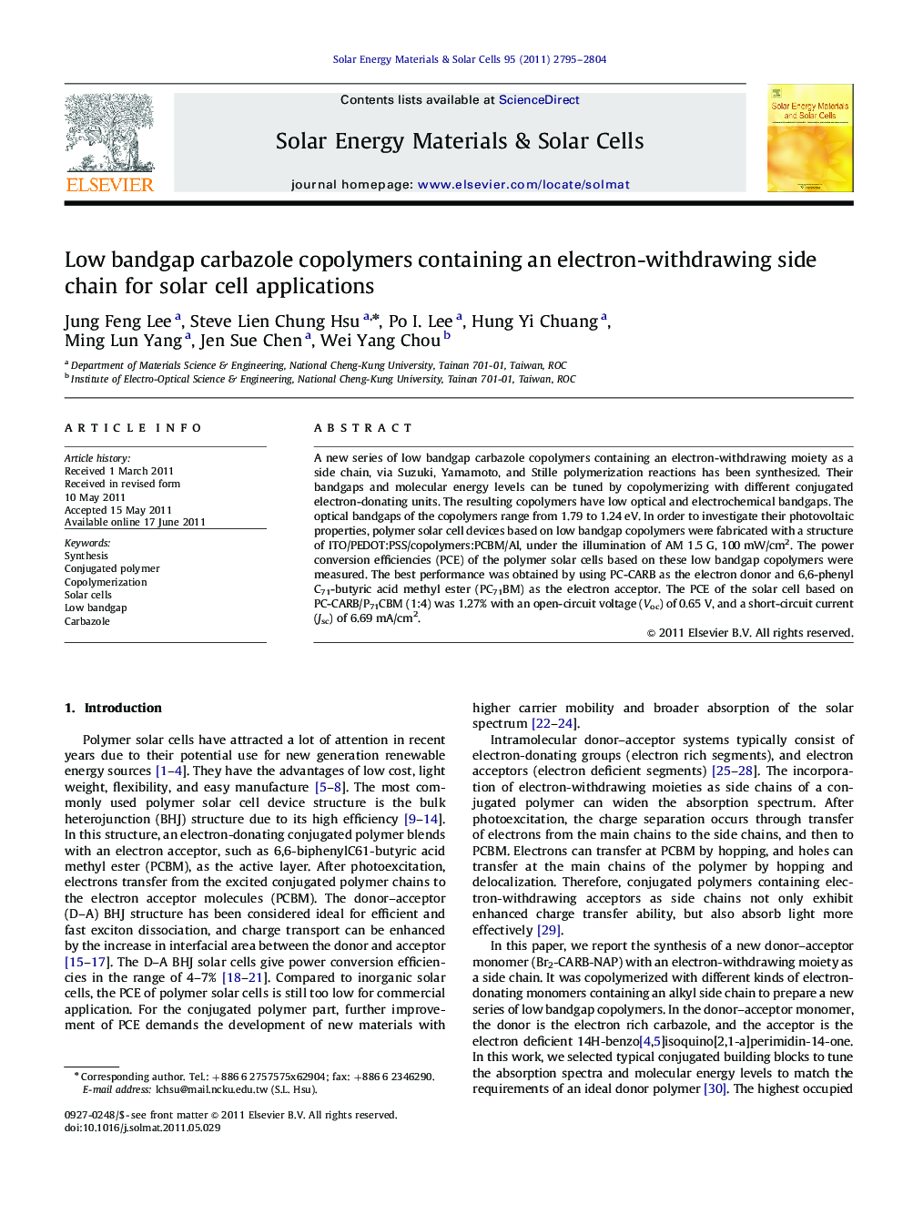 Low bandgap carbazole copolymers containing an electron-withdrawing side chain for solar cell applications