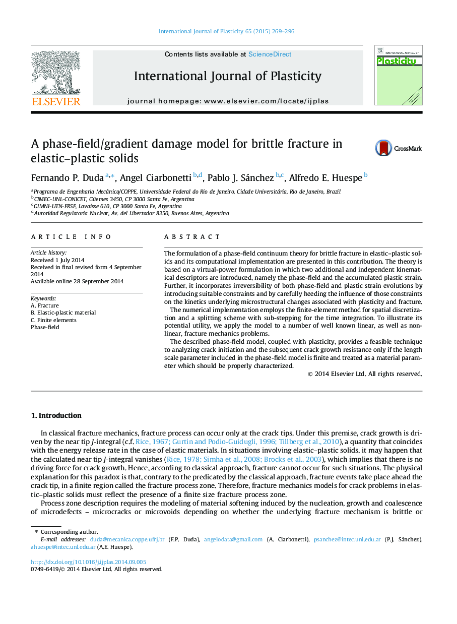 A phase-field/gradient damage model for brittle fracture in elastic–plastic solids