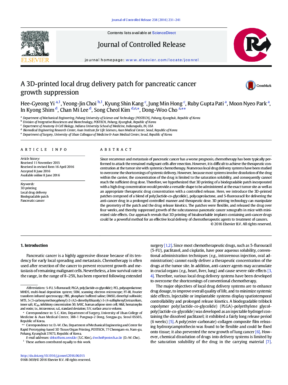 A 3D-printed local drug delivery patch for pancreatic cancer growth suppression