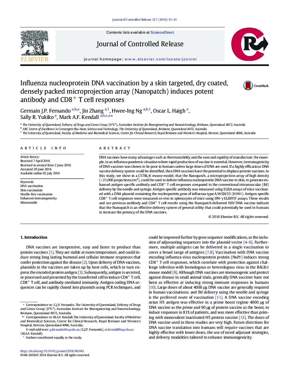 Influenza nucleoprotein DNA vaccination by a skin targeted, dry coated, densely packed microprojection array (Nanopatch) induces potent antibody and CD8+ T cell responses