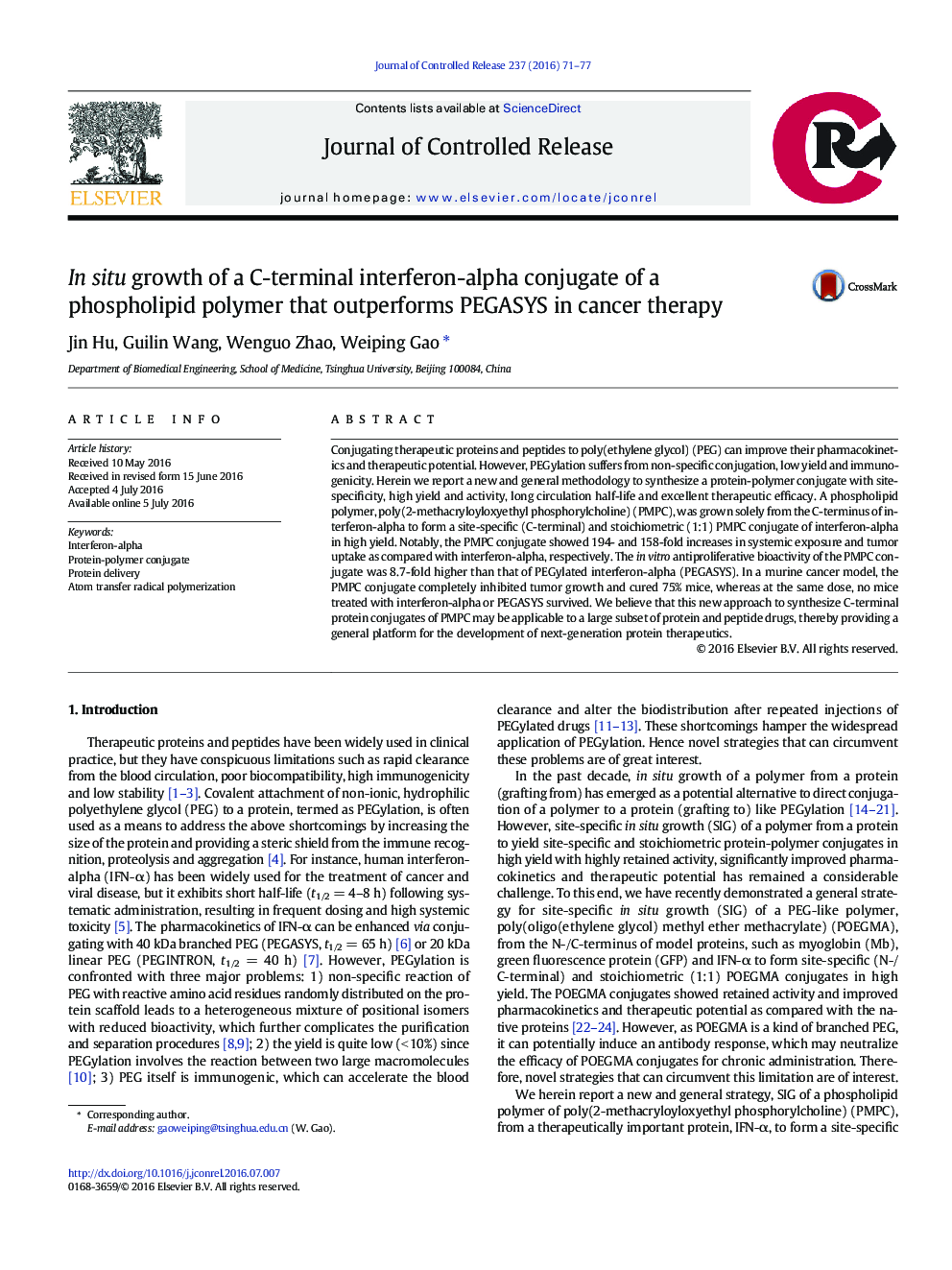 In situ growth of a C-terminal interferon-alpha conjugate of a phospholipid polymer that outperforms PEGASYS in cancer therapy