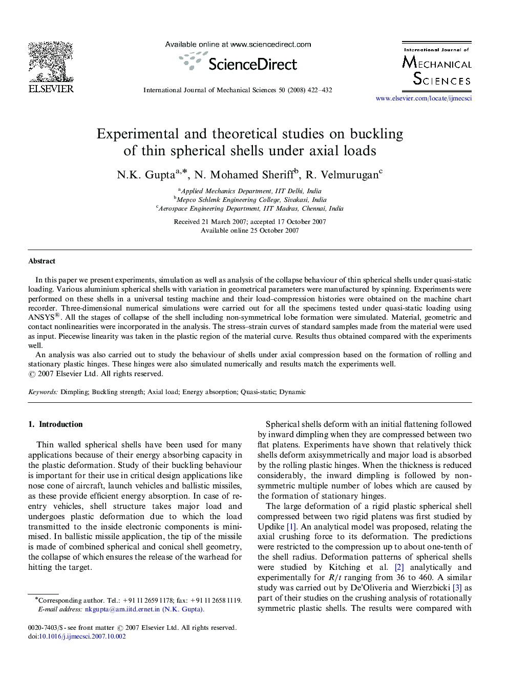 Experimental and theoretical studies on buckling of thin spherical shells under axial loads
