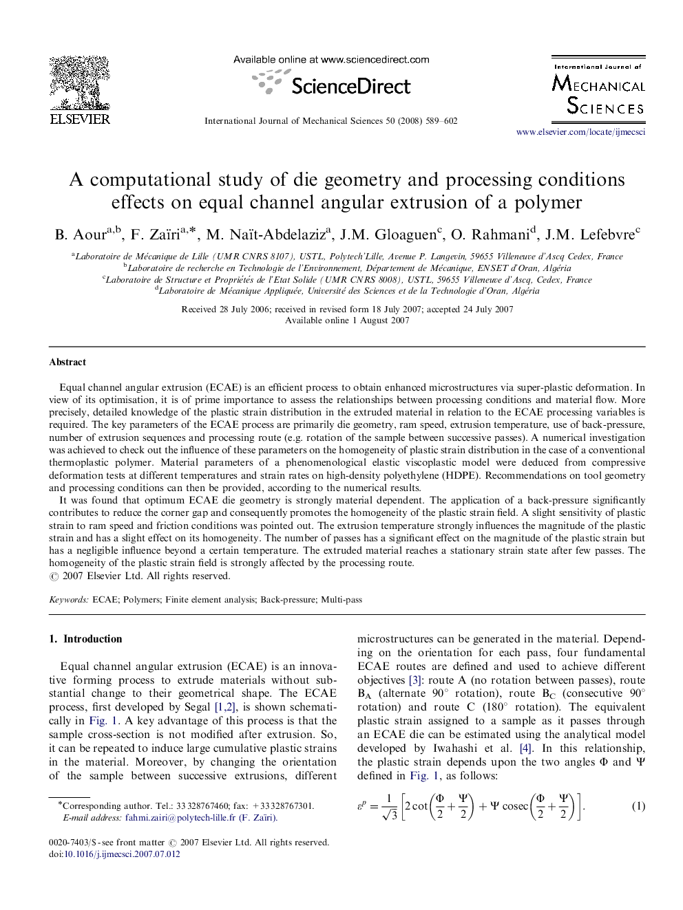 A computational study of die geometry and processing conditions effects on equal channel angular extrusion of a polymer