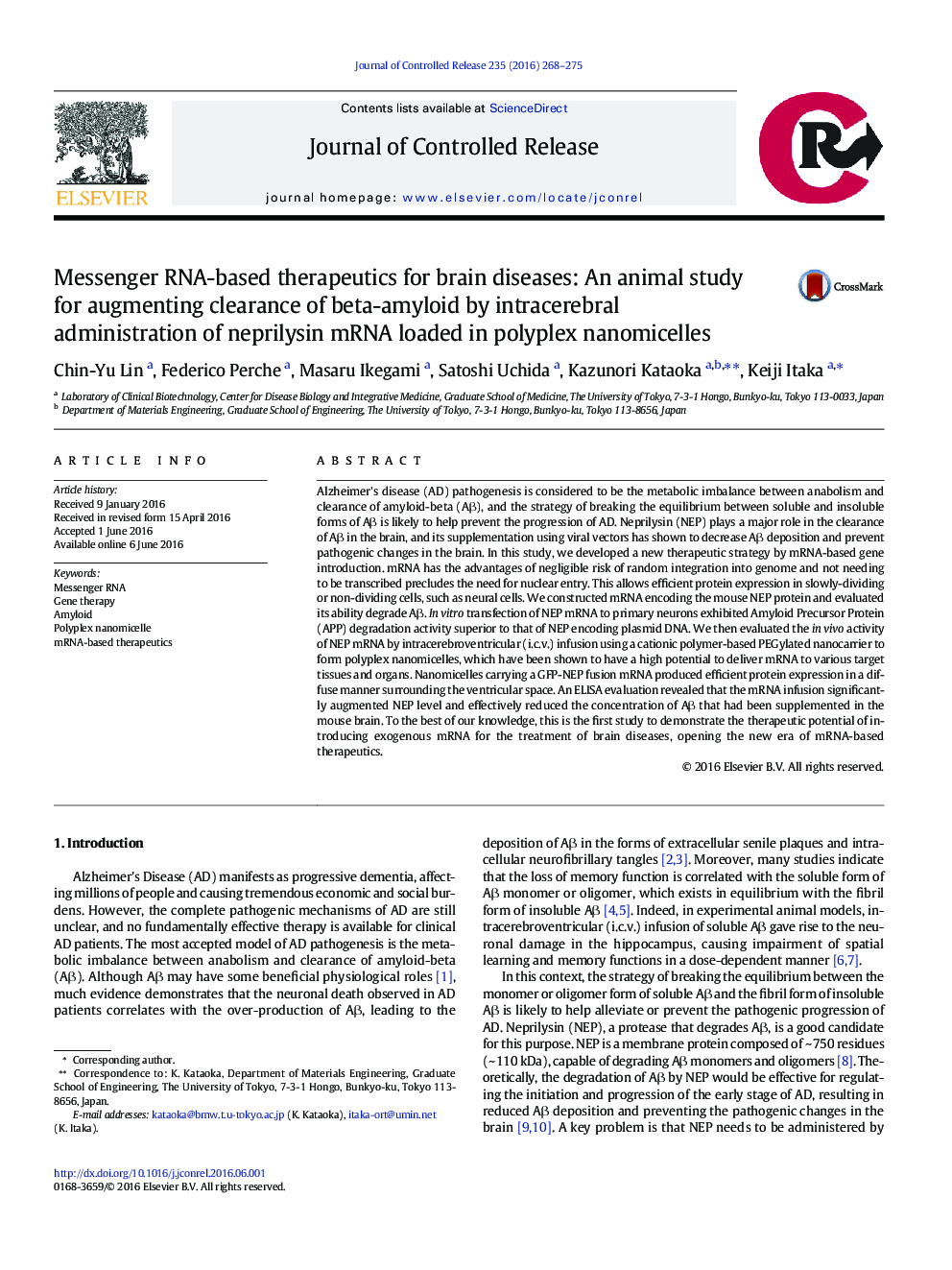 Messenger RNA-based therapeutics for brain diseases: An animal study for augmenting clearance of beta-amyloid by intracerebral administration of neprilysin mRNA loaded in polyplex nanomicelles