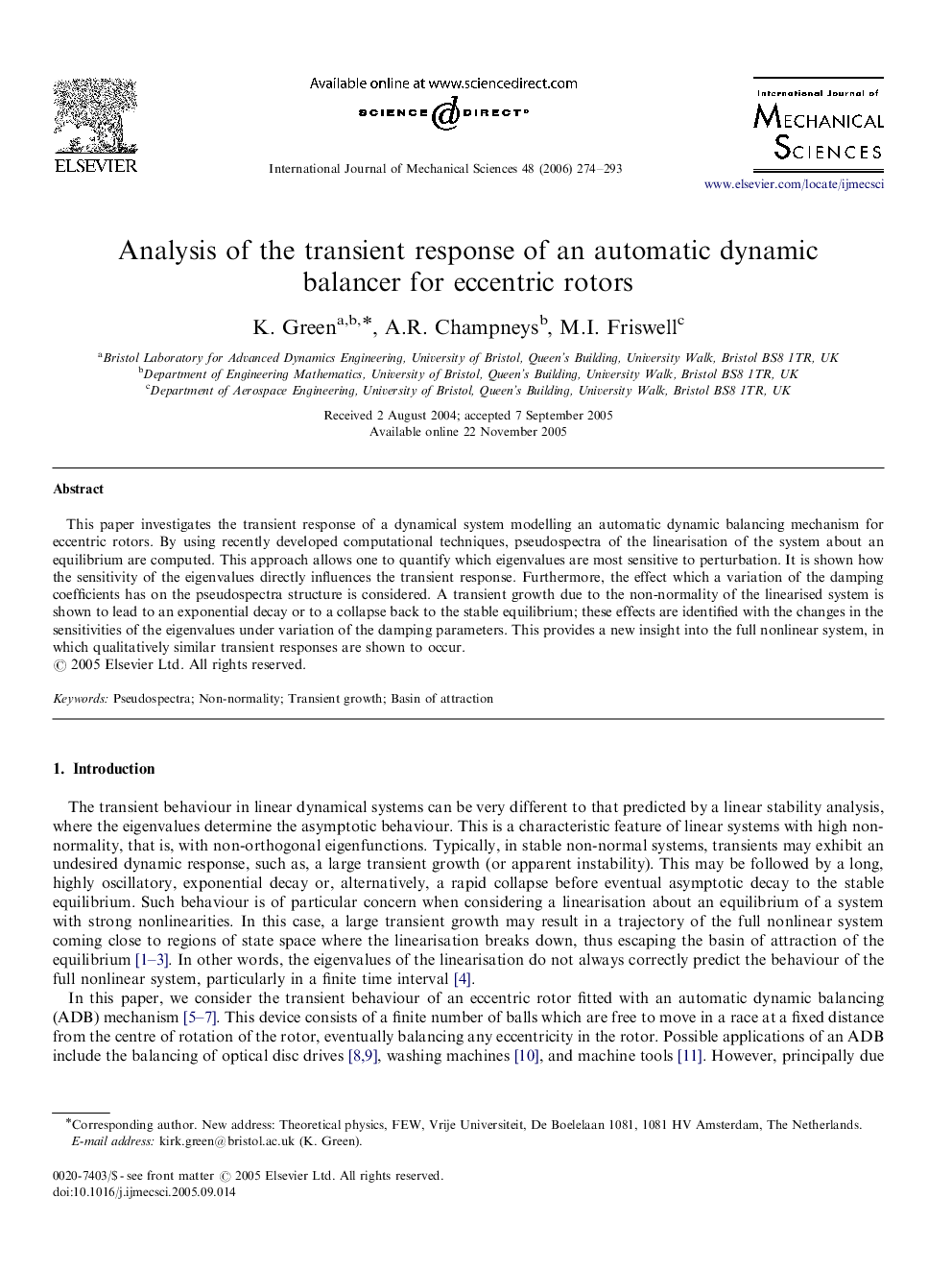 Analysis of the transient response of an automatic dynamic balancer for eccentric rotors