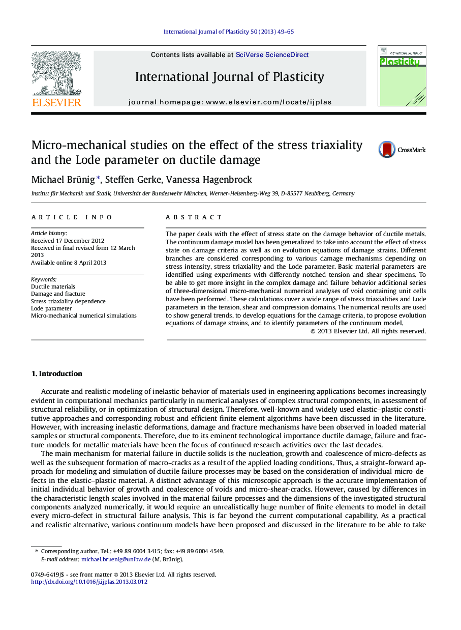 Micro-mechanical studies on the effect of the stress triaxiality and the Lode parameter on ductile damage