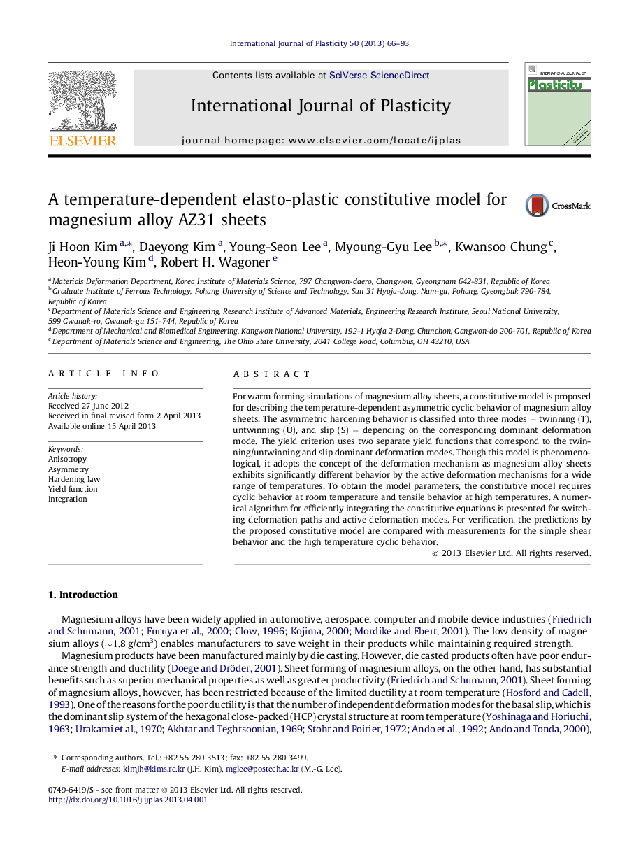 A temperature-dependent elasto-plastic constitutive model for magnesium alloy AZ31 sheets