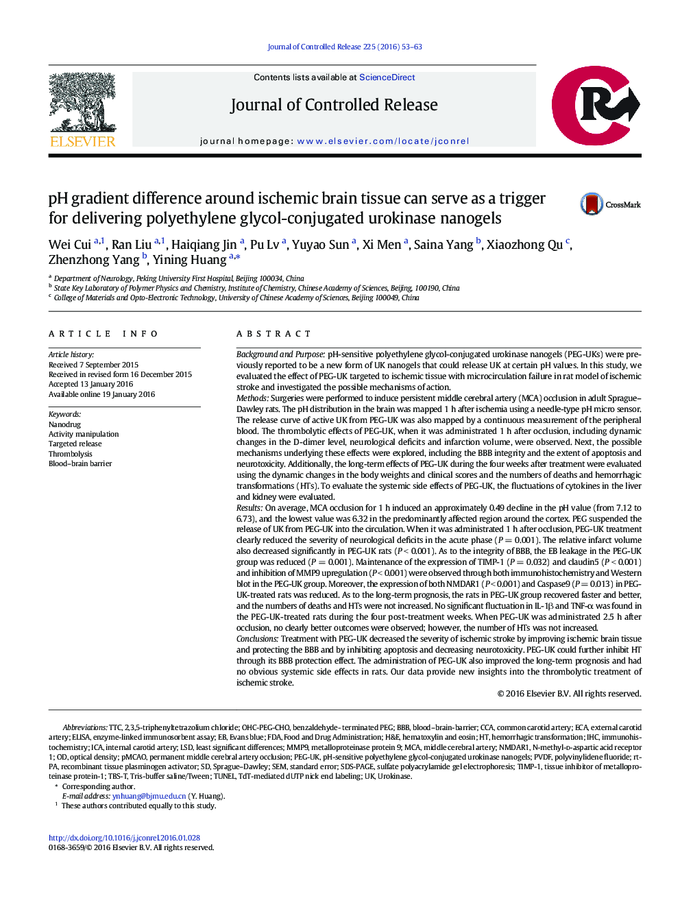 pH gradient difference around ischemic brain tissue can serve as a trigger for delivering polyethylene glycol-conjugated urokinase nanogels