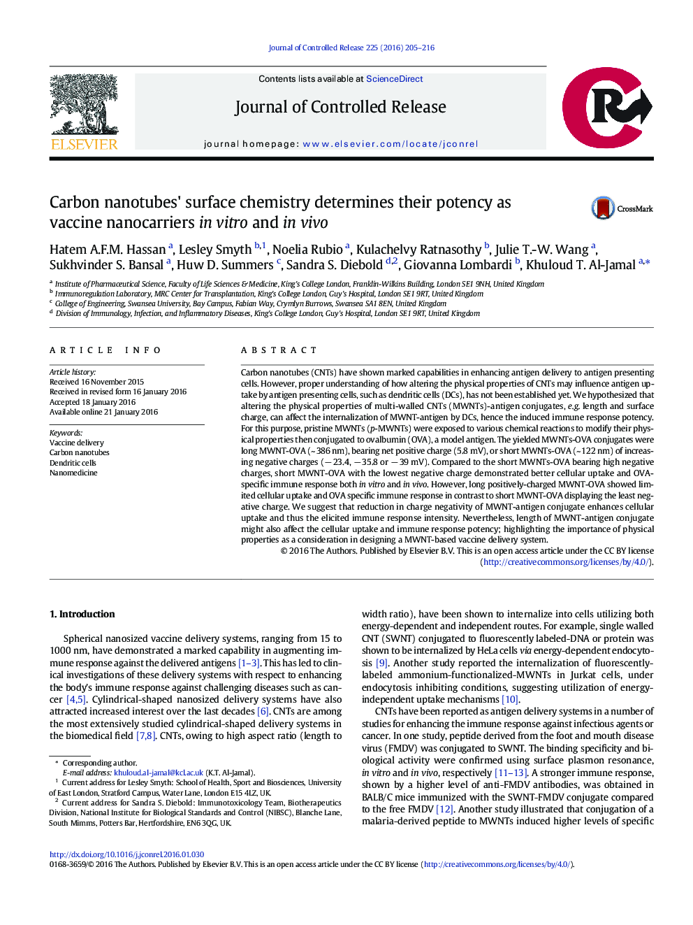 Carbon nanotubes' surface chemistry determines their potency as vaccine nanocarriers in vitro and in vivo