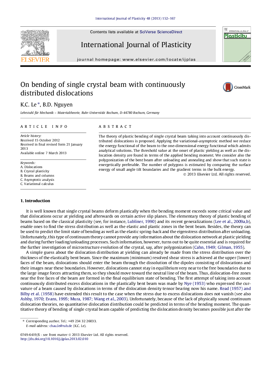 On bending of single crystal beam with continuously distributed dislocations