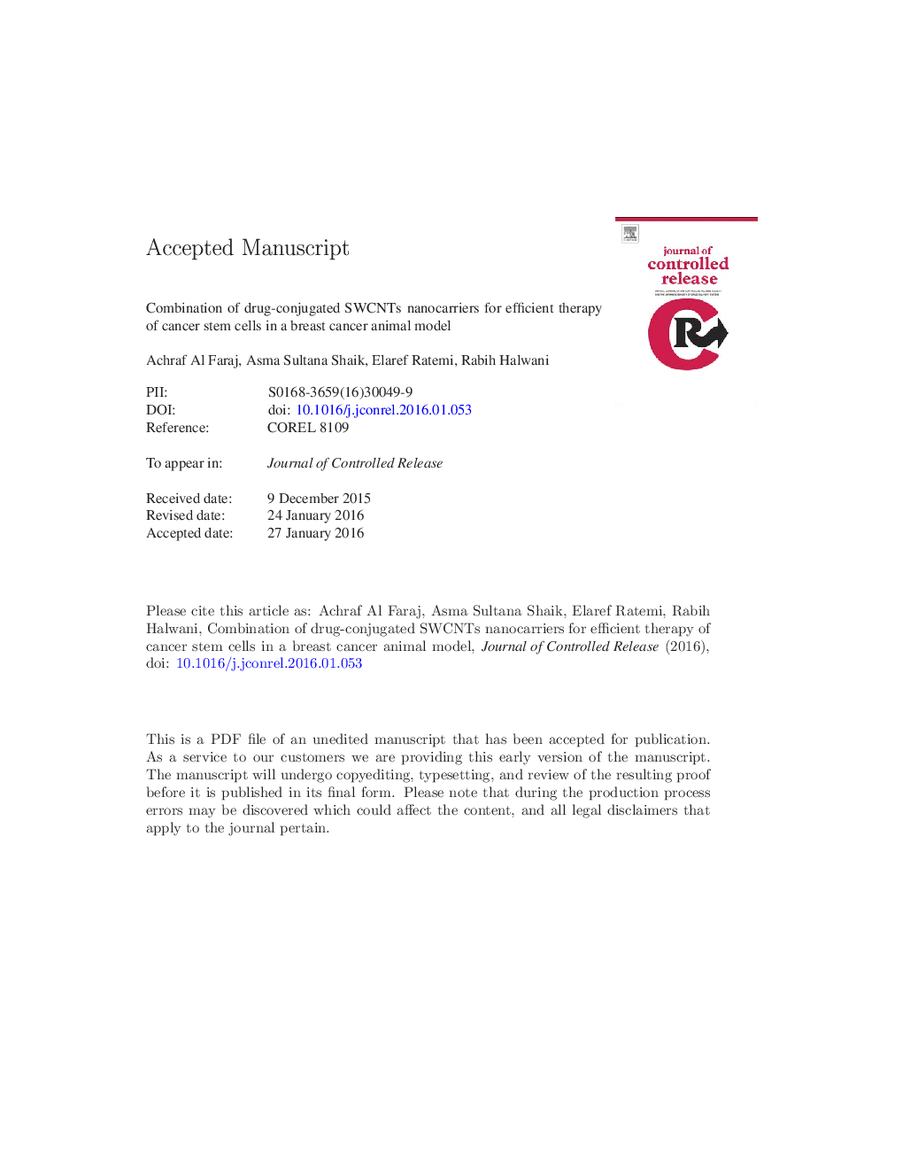 Combination of drug-conjugated SWCNT nanocarriers for efficient therapy of cancer stem cells in a breast cancer animal model