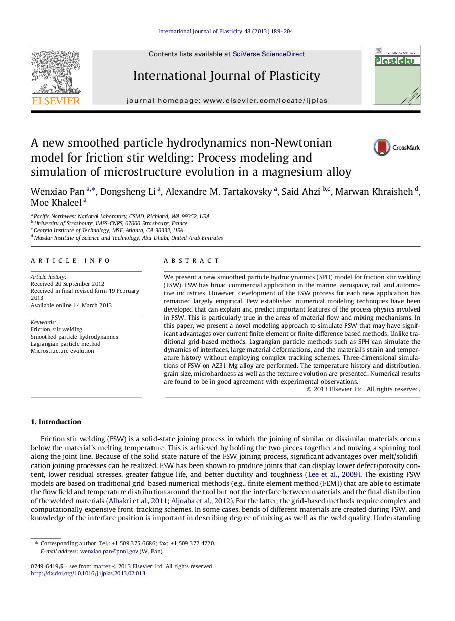 A new smoothed particle hydrodynamics non-Newtonian model for friction stir welding: Process modeling and simulation of microstructure evolution in a magnesium alloy