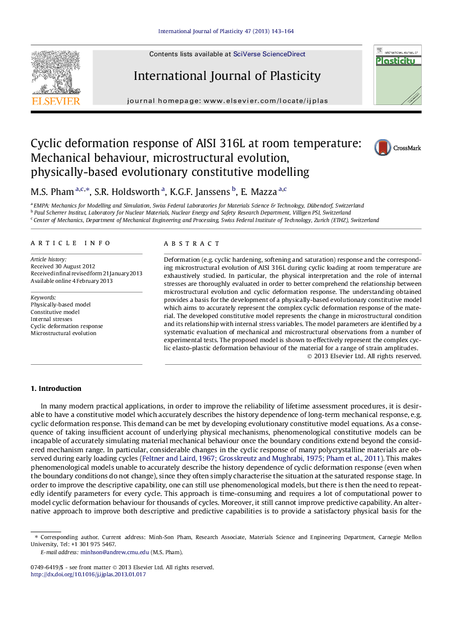 Cyclic deformation response of AISI 316L at room temperature: Mechanical behaviour, microstructural evolution, physically-based evolutionary constitutive modelling