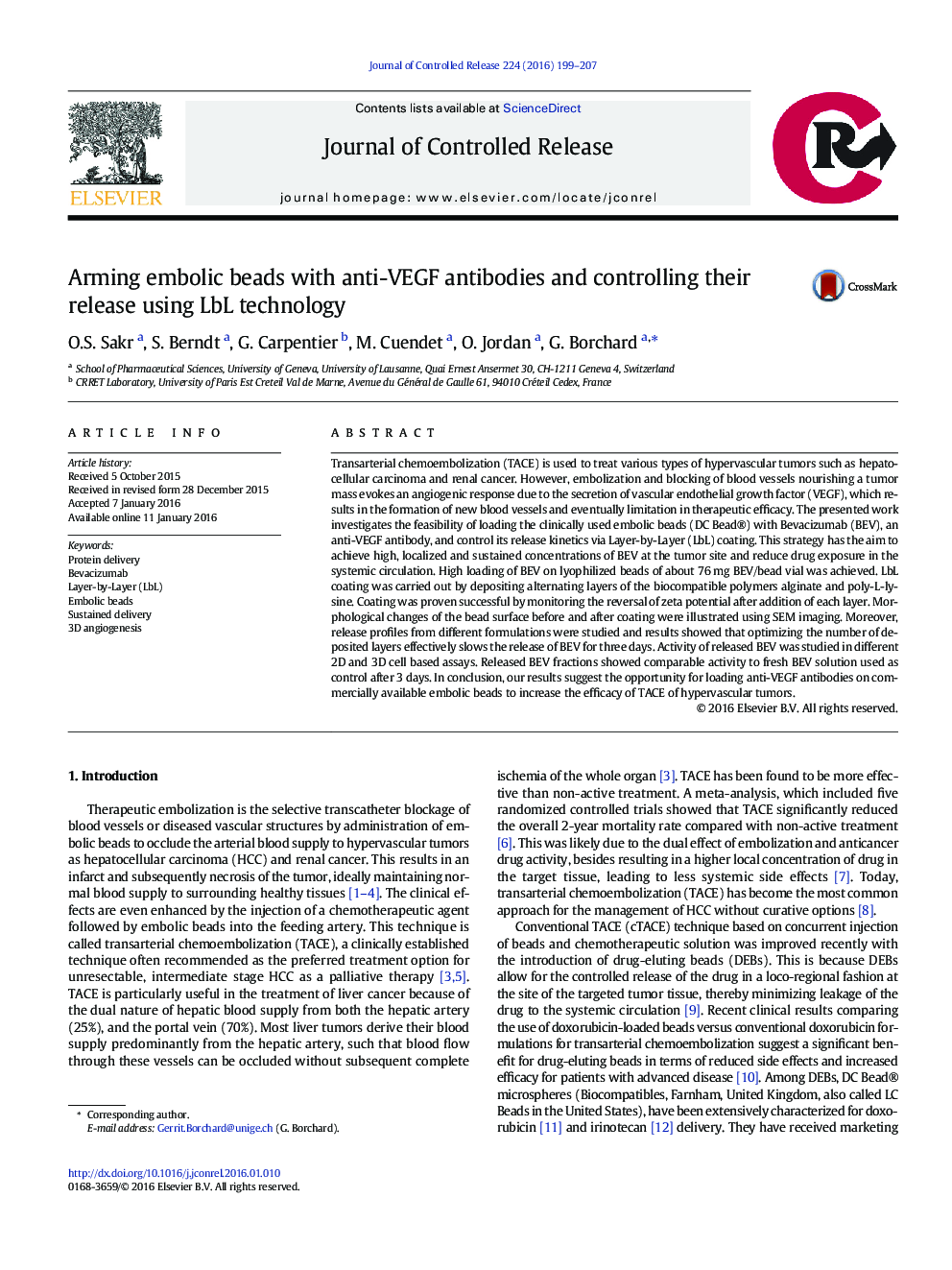 Arming embolic beads with anti-VEGF antibodies and controlling their release using LbL technology