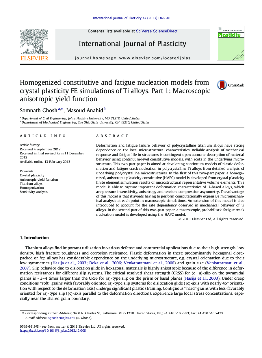 Homogenized constitutive and fatigue nucleation models from crystal plasticity FE simulations of Ti alloys, Part 1: Macroscopic anisotropic yield function