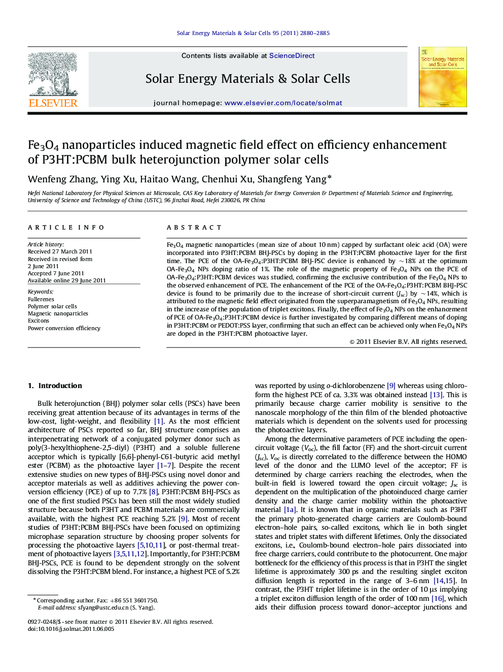 Fe3O4 nanoparticles induced magnetic field effect on efficiency enhancement of P3HT:PCBM bulk heterojunction polymer solar cells