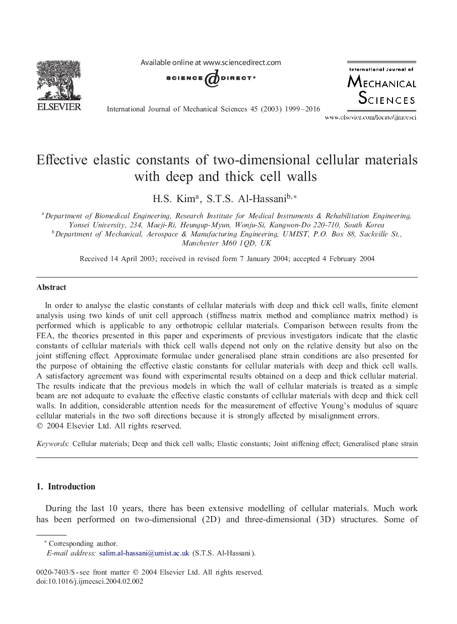 Effective elastic constants of two-dimensional cellular materials with deep and thick cell walls