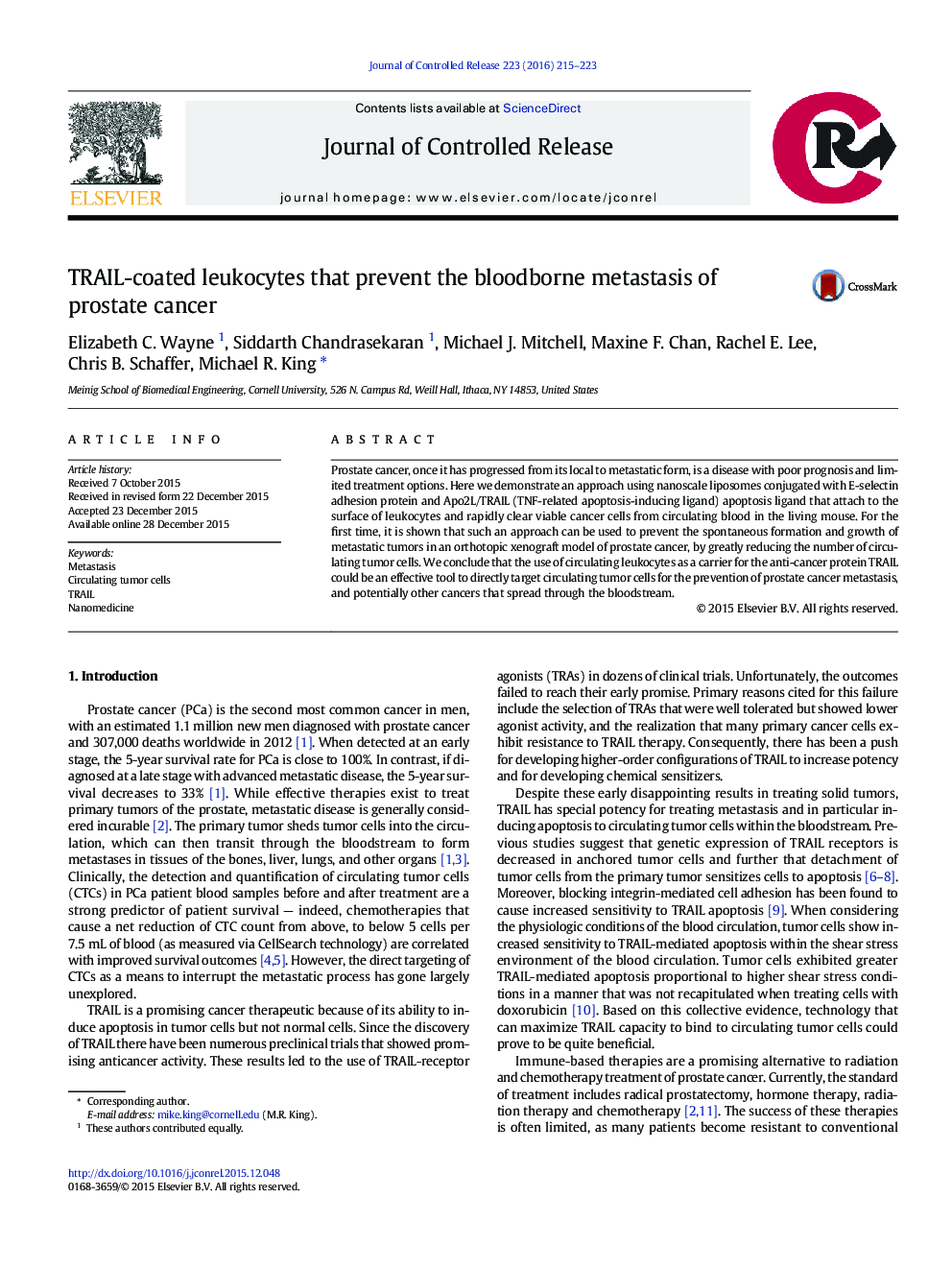 TRAIL-coated leukocytes that prevent the bloodborne metastasis of prostate cancer